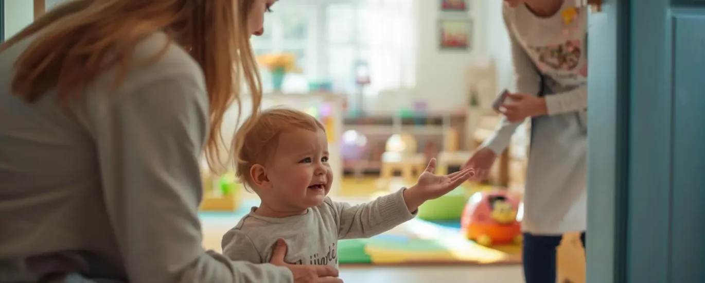 child crying at nursery drop off being comforted by nursery teacher
