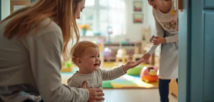 child crying at nursery drop off being comforted by nursery teacher