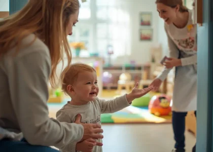 child crying at nursery drop off being comforted by nursery teacher