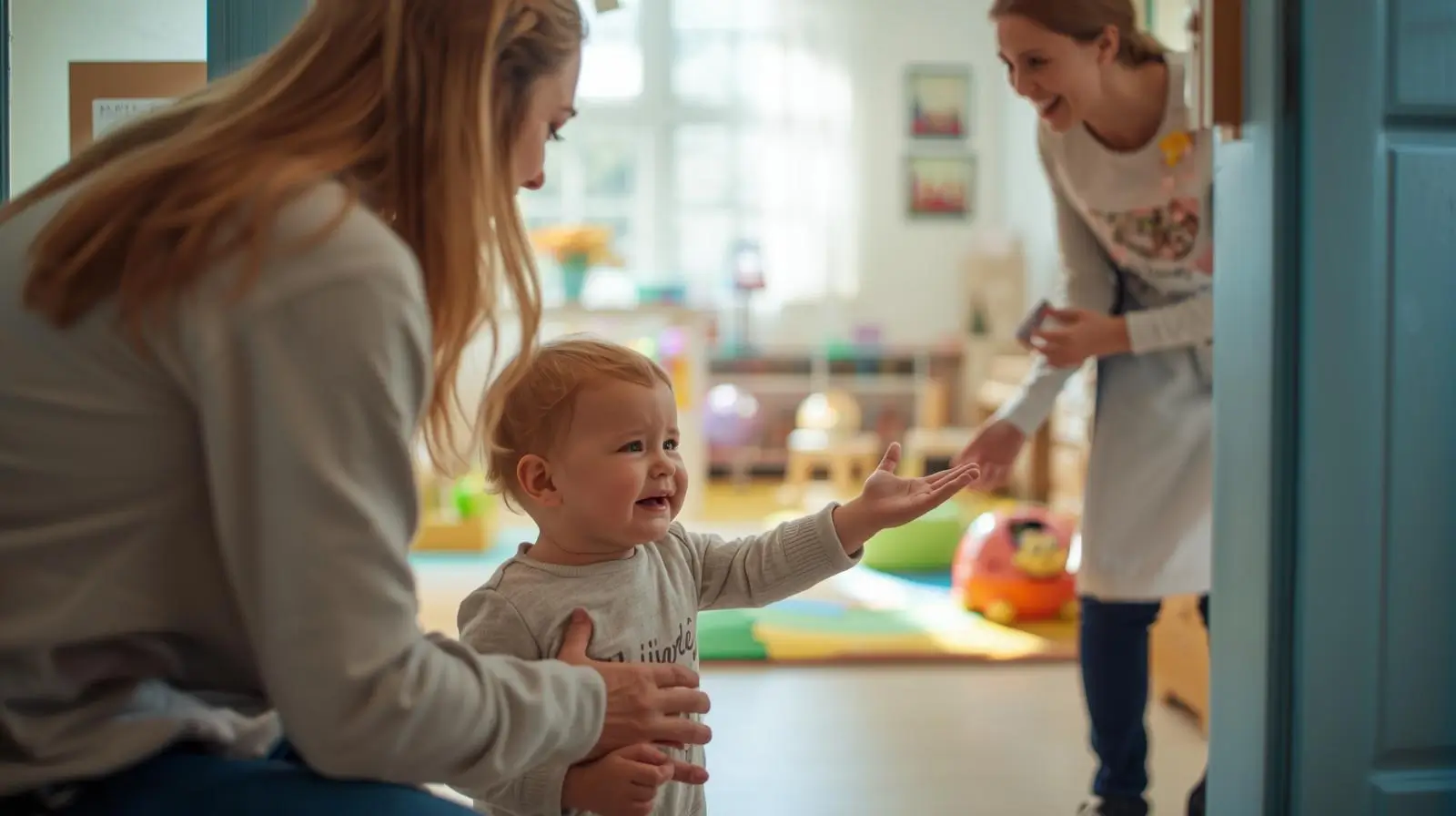 child crying at nursery drop off being comforted by nursery teacher