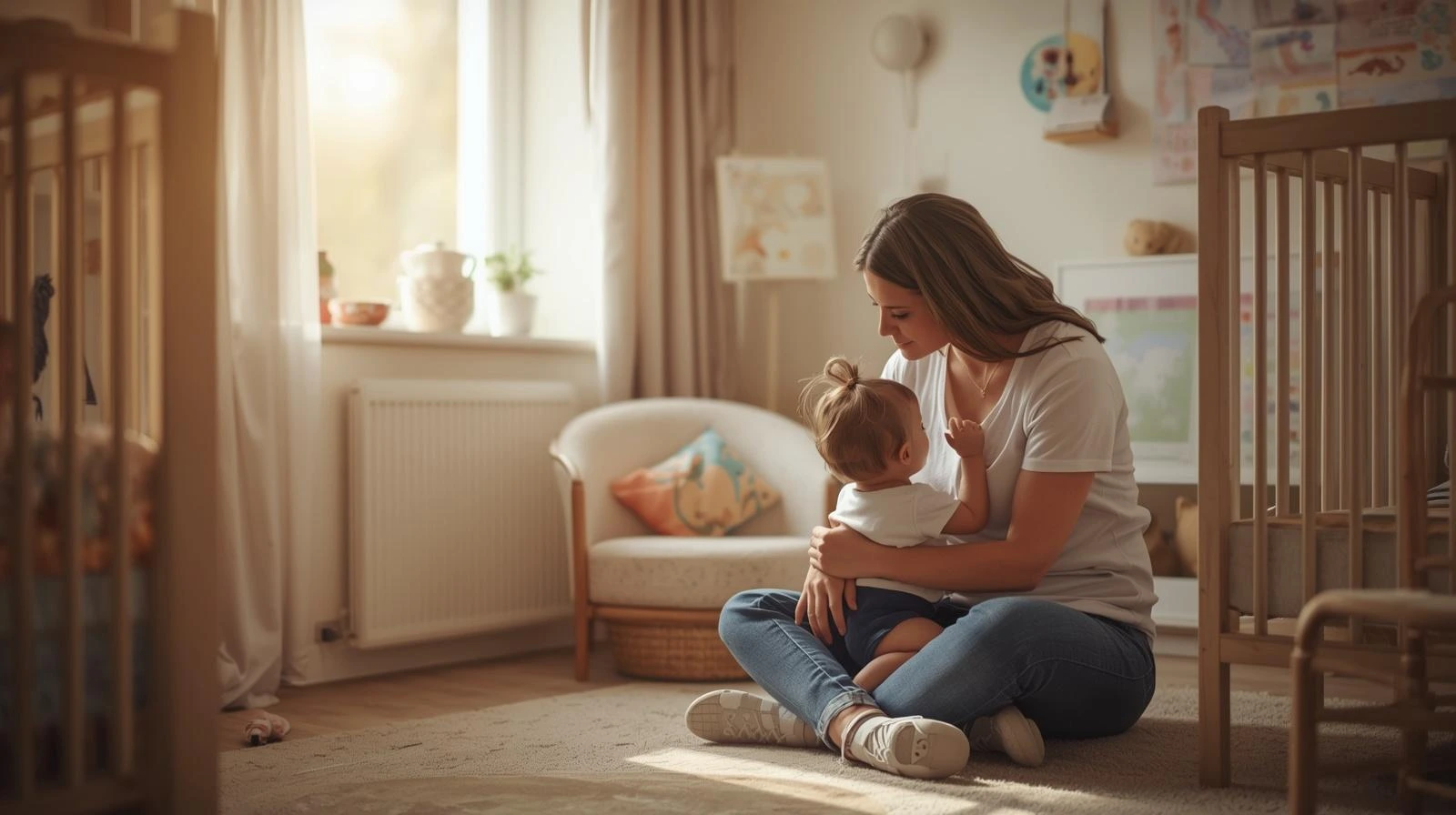 child being comforted at nursery by caregiver in a safe environment
