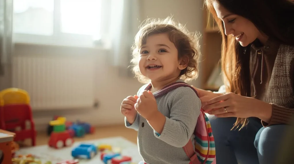 toddler getting ready for nursery at home with parent