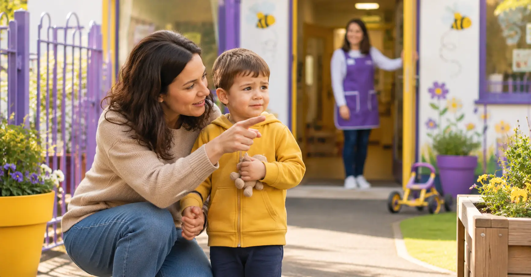 Parent helping an anxious child use the 3-3-3 rule outside a nursery entrance