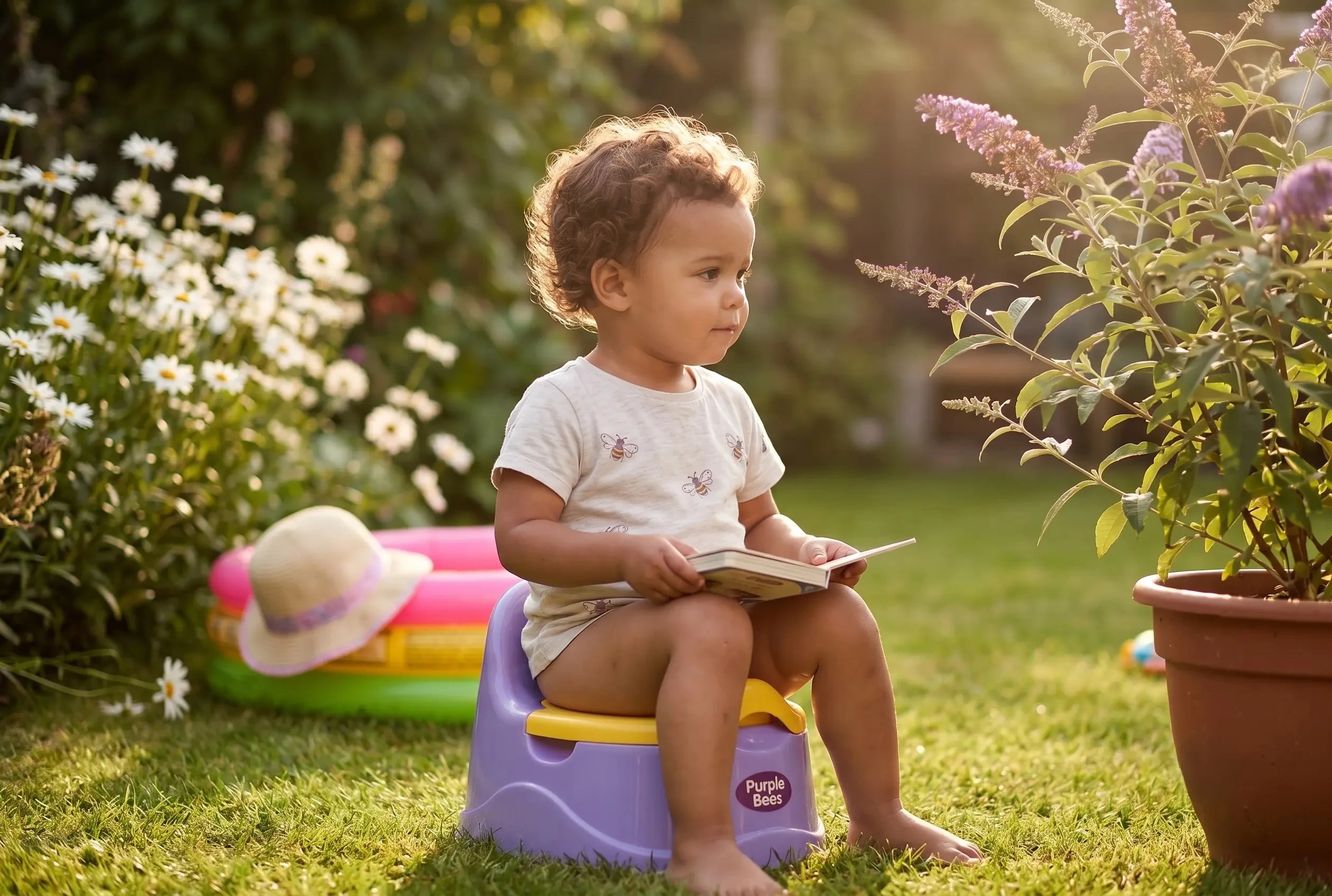 Toddler practising potty training in summer in a UK garden