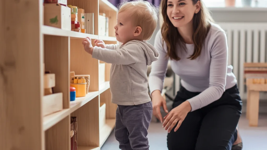 Toddler exploring toys after moving up to the toddler room at nursery