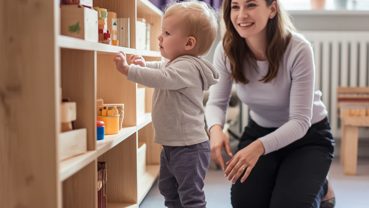 Toddler exploring toys after moving up to the toddler room at nursery