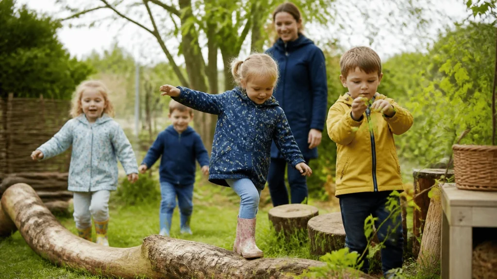 Several toddlers/preschoolers freely exploring a natural nursery garden.