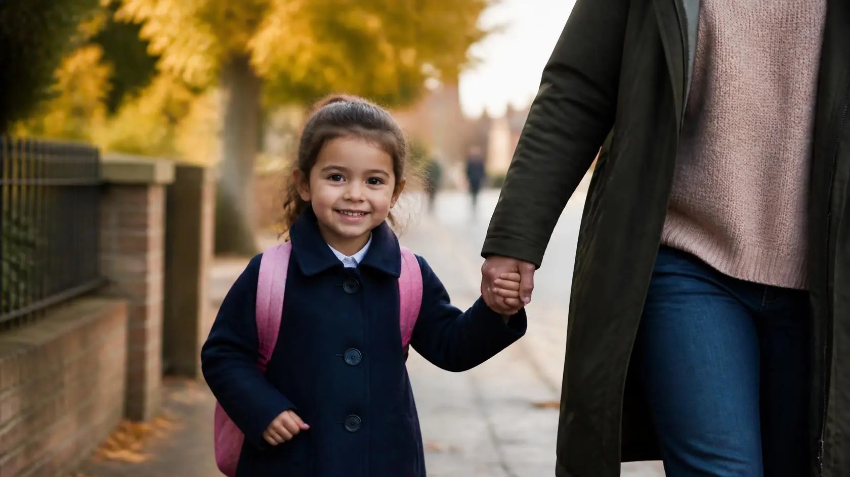 Summer-born child starting school and smiling on their first day