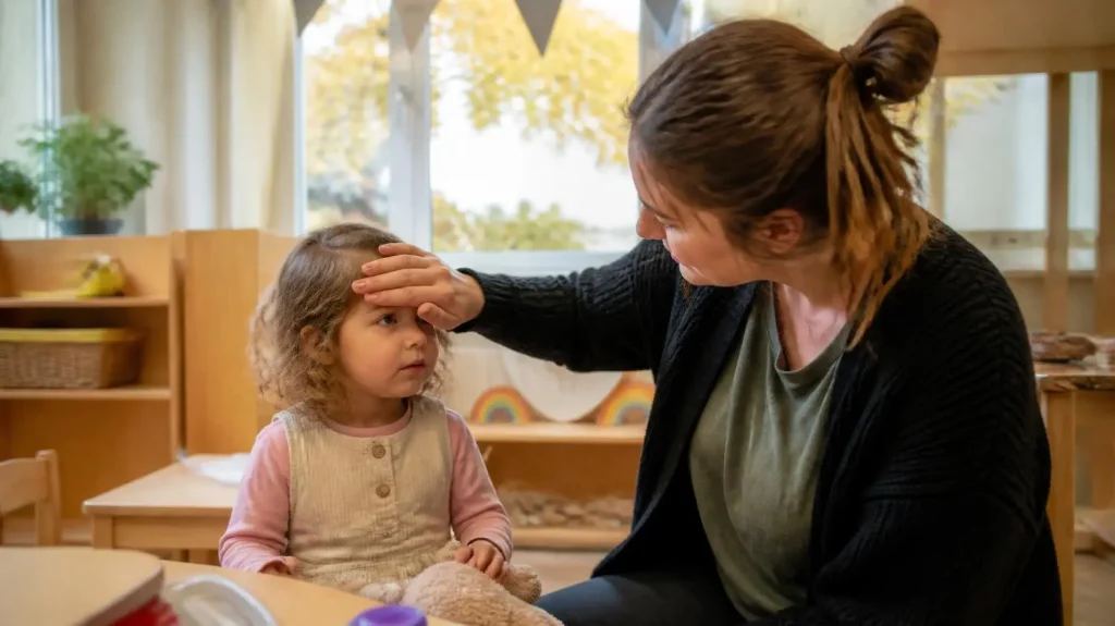 Nursery practitioner caring for a toddler during nursery illness season in Hounslow