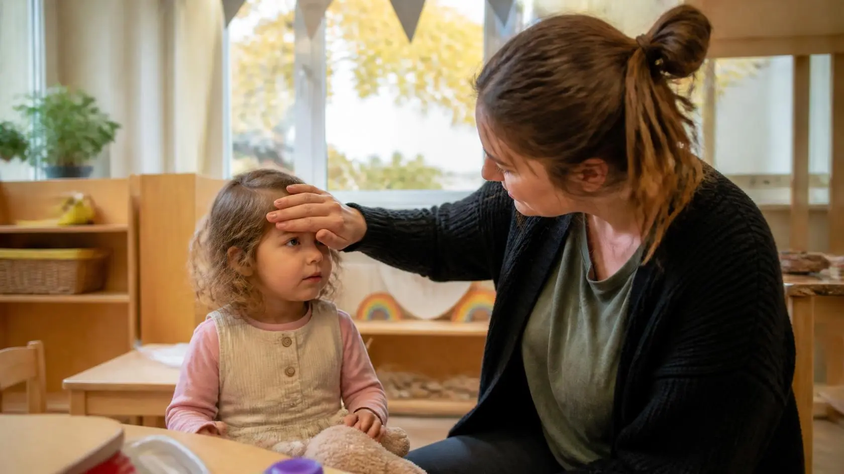 Nursery practitioner caring for a toddler during nursery illness season in Hounslow